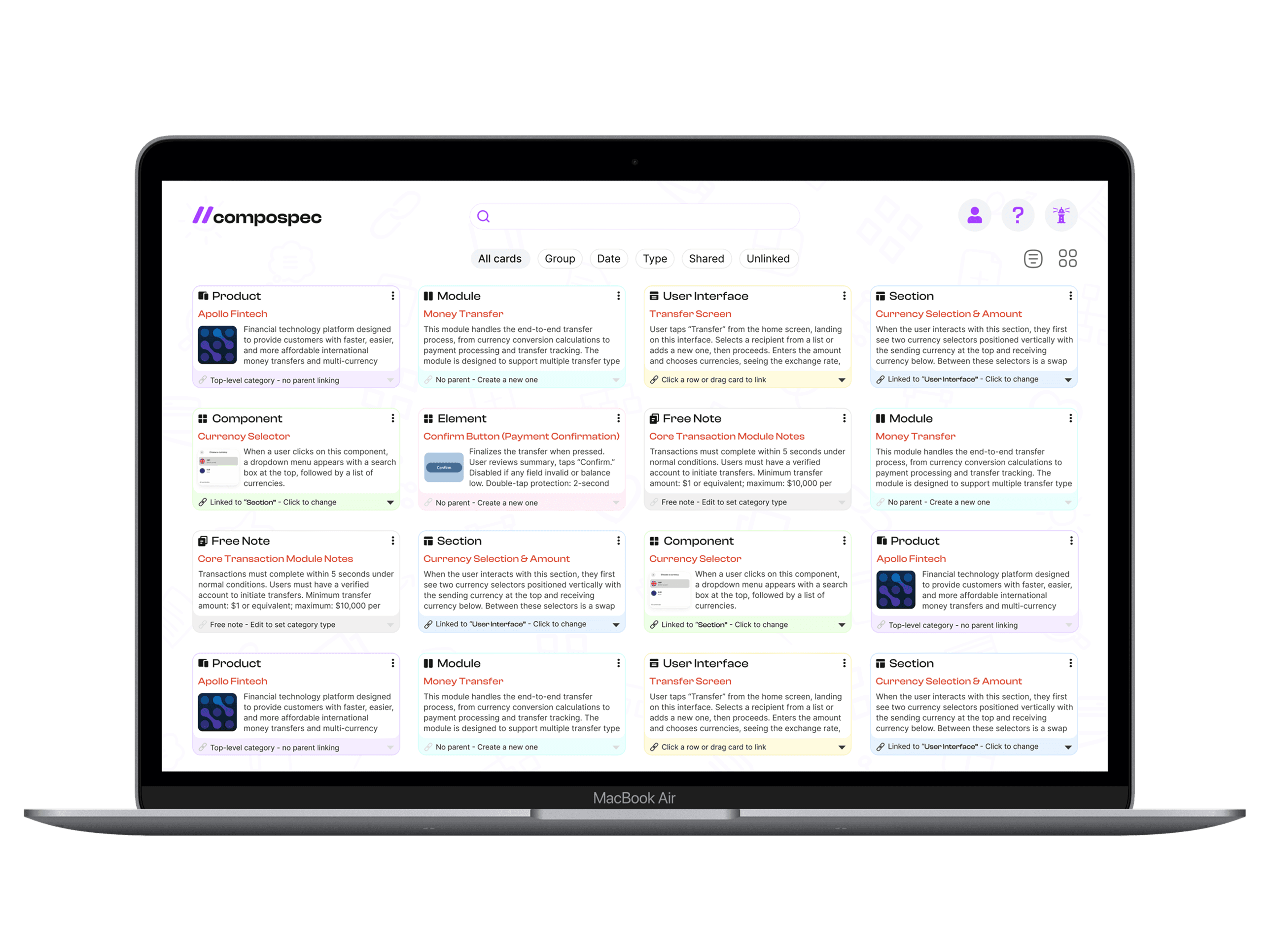 Product dashboard showing content cards
