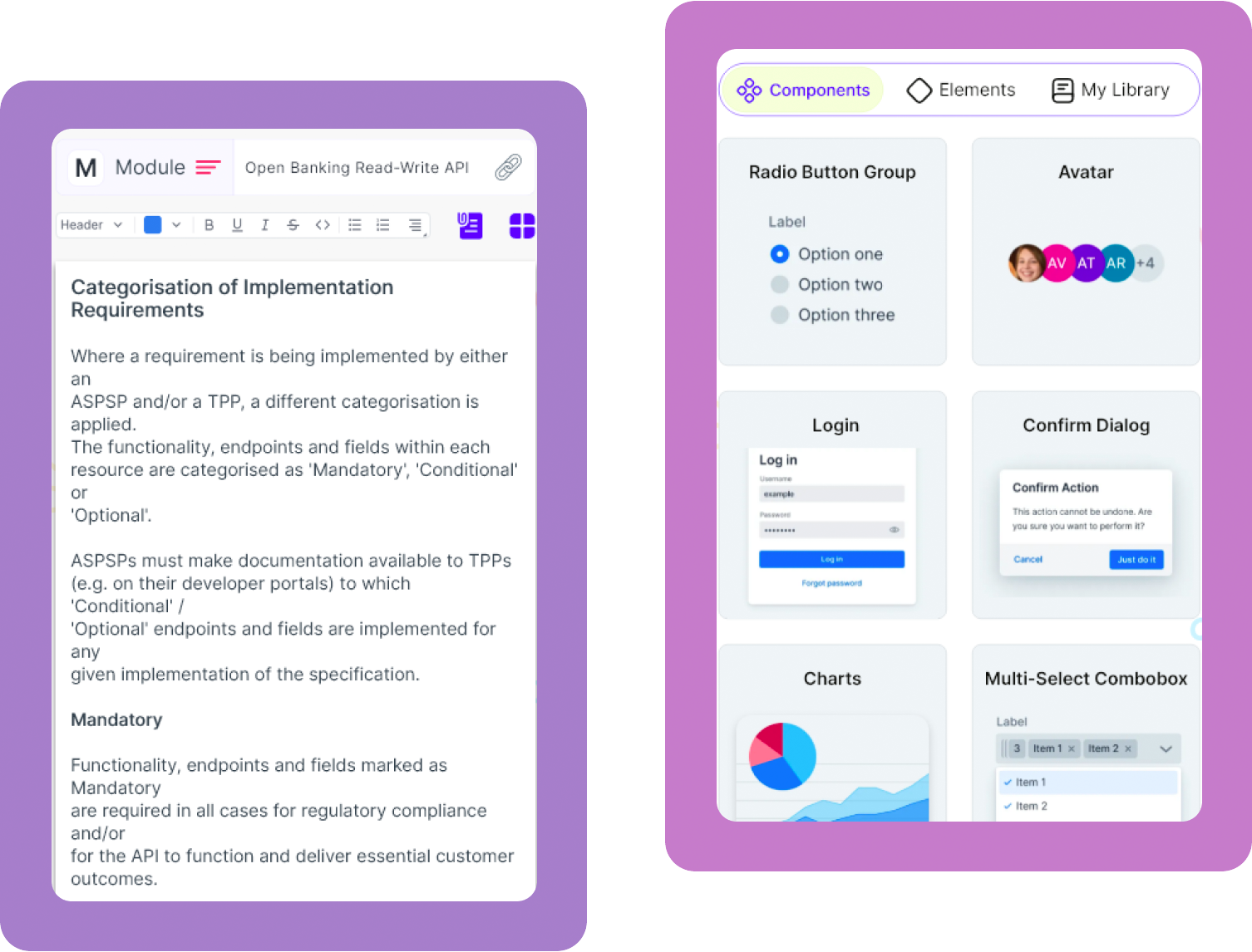 User needs, Components and Elements